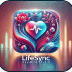 A vibrant logo featuring a rainbow-colored heart with a heartbeat line in the center, surrounded by colorful floral and aquatic elements on a dark background, symbolizing wellness, balance, and vitality.