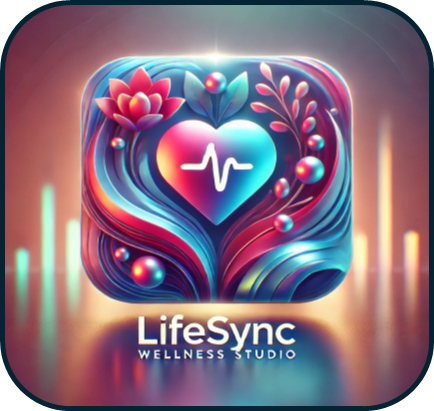 A vibrant logo featuring a rainbow-colored heart with a heartbeat line in the center, surrounded by colorful floral and aquatic elements on a dark background, symbolizing wellness, balance, and vitality.