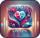 A vibrant logo featuring a rainbow-colored heart with a heartbeat line in the center, surrounded by colorful floral and aquatic elements on a dark background, symbolizing wellness, balance, and vitality.